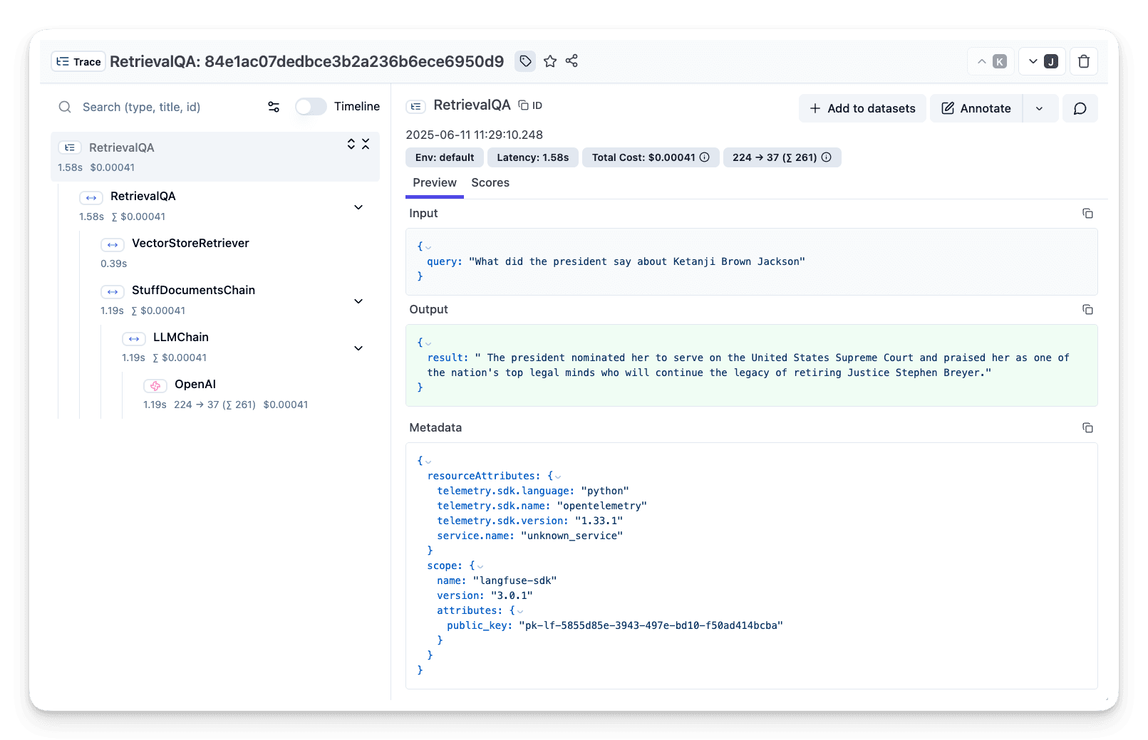 Trace of Langchain QA Retrieval in Langfuse